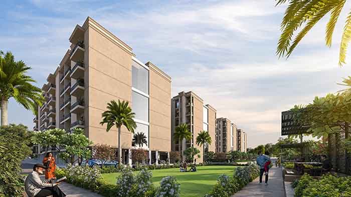 Street approach to Evara Shades with landscaped verges